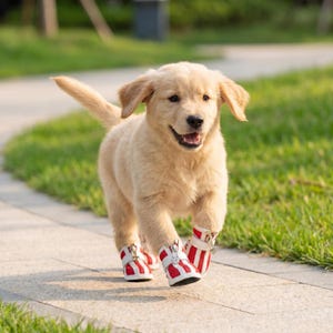 May include: A golden retriever puppy wearing red and white striped dog boots, running on a paved path. The puppy has a happy expression, with its mouth open. The background includes green grass and a blurred out area.