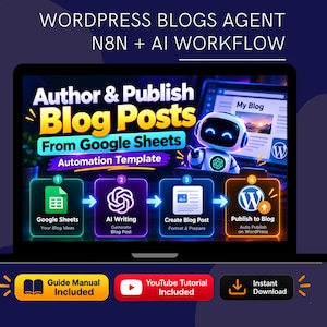 May include: A digital graphic on a laptop screen titled WordPress Blogs Agent N8N + AI Workflow. It displays a four-step automation process from Google Sheets to AI writing, blog post creation, and WordPress publishing, featuring a small robot.