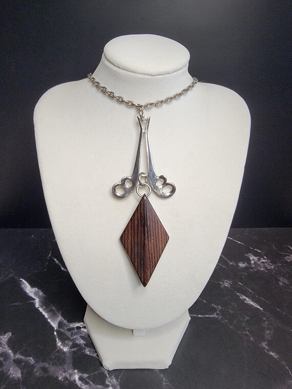 Scissor Pendant Necklace with Wooden Diamond Drop