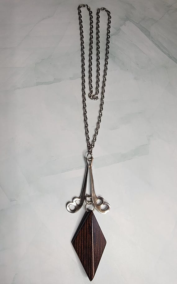 Scissor Pendant Necklace with Wooden Diamond Drop View 2