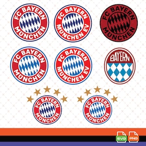 Peut inclure: Plusieurs logos du FC Bayern Munich. Les logos sont circulaires, rouges et blancs, avec l'inscription "FC Bayern München" et un motif de losanges bleus et blancs. Certains logos incluent des étoiles dorées.
