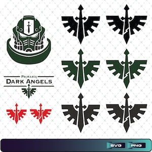 以下が含まれることがあります： ダークエンジェルズをテーマにしたグラフィックのコレクション。ヘルメットのデザイン、ダークエンジェルズのロゴ、黒、緑、赤の様々な翼のある剣のエンブレムが含まれています。画像にはSVGとPNGのファイルタイプインジケーターも含まれています。