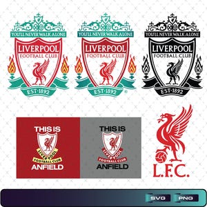 May include: A collection of Liverpool Football Club logos in various designs. The logos feature a red Liver bird, a shield, and the text "Liverpool Football Club" and "Est. 1892". Some designs include the phrase "You'll Never Walk Alone".