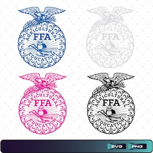 May include: Four FFA emblem designs in blue, pink, gray, and black. Each emblem features an eagle, the letters "FFA", an owl, and the words "Agricultural Education". The bottom of the image has SVG and PNG file type options.