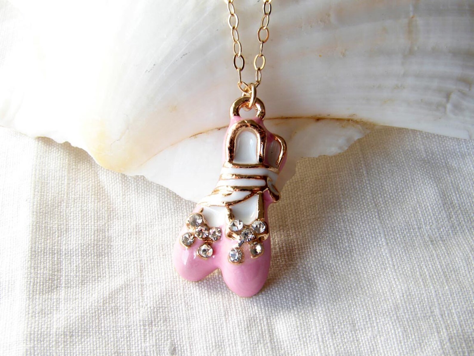 little ballerina. pink ballet shoes pendant 14k gf chain. gift for her. simple modern jewelry