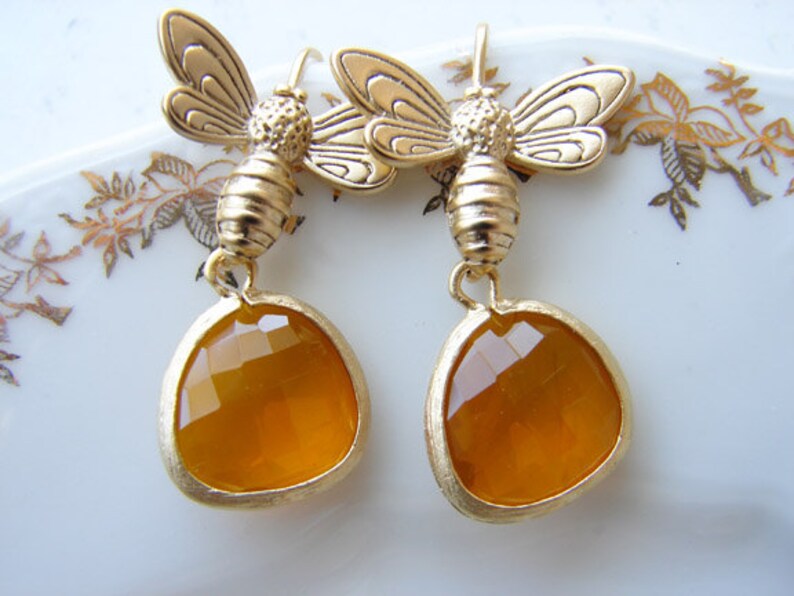 Honey Bee Earrings. Matte Gold Plated Honey Bee With Citrine Etsy