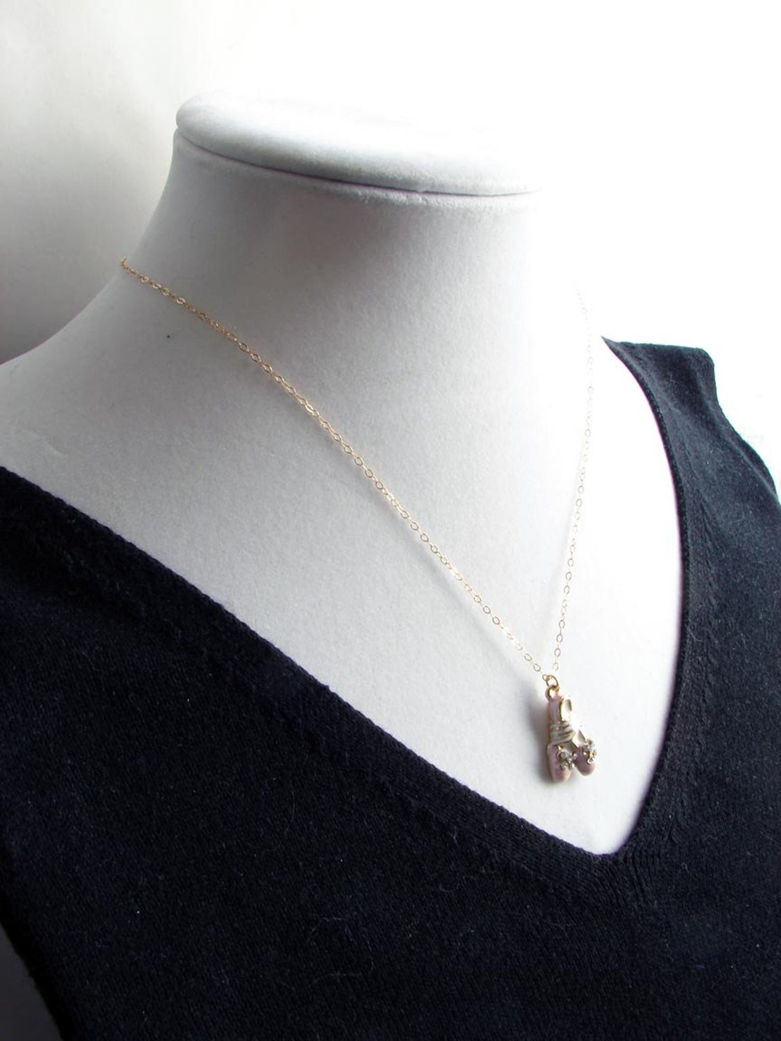 little ballerina. pink ballet shoes pendant 14k gf chain. gift for her. simple modern jewelry