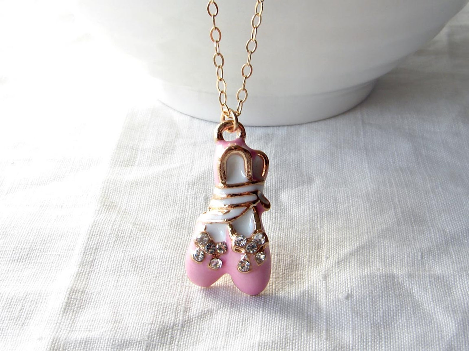 little ballerina. pink ballet shoes pendant 14k gf chain. gift for her. simple modern jewelry