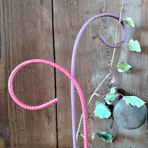 Op de afbeelding: Een decoratieve metalen plantensteun met een wervelend ontwerp, geschilderd in roze en paarse tinten. De steun staat naast een houten achtergrond met een natuurlijke wijnstok en bladeren.