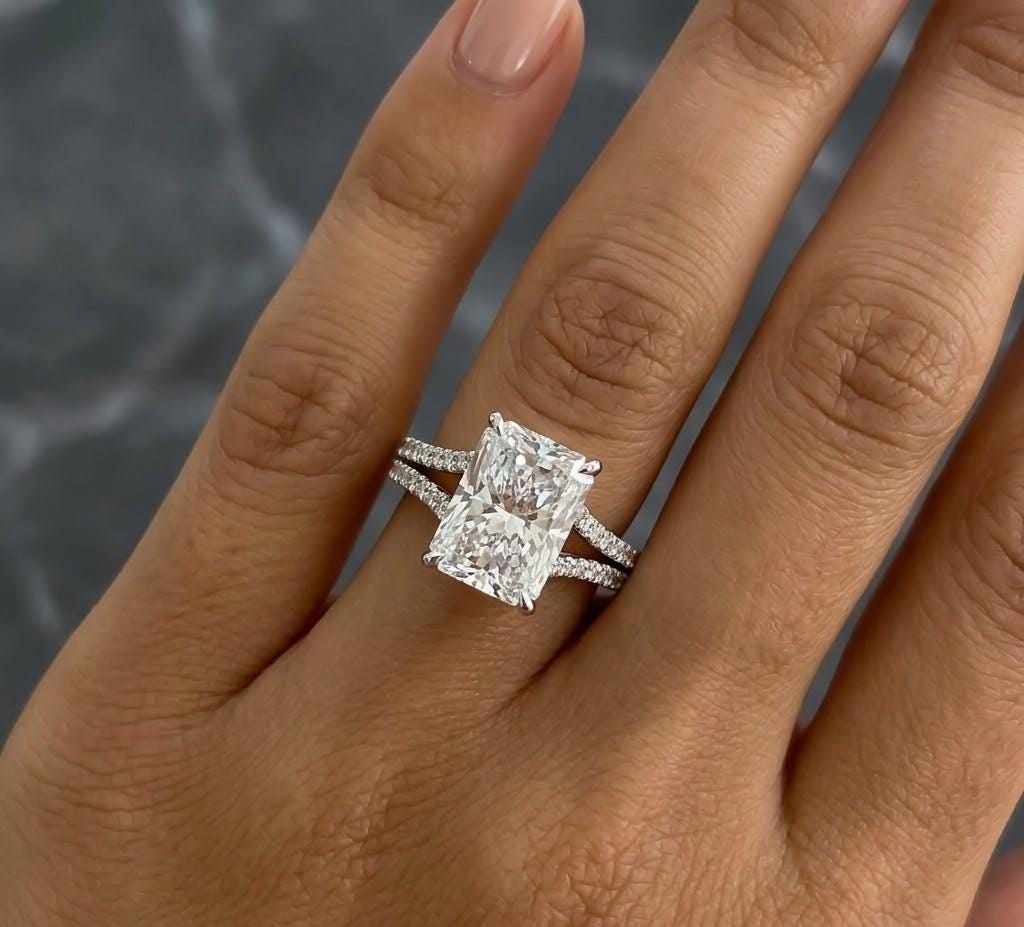 Radiant Cut Moissanite Engagement Ring, Double Band Split Shank Wedding ...