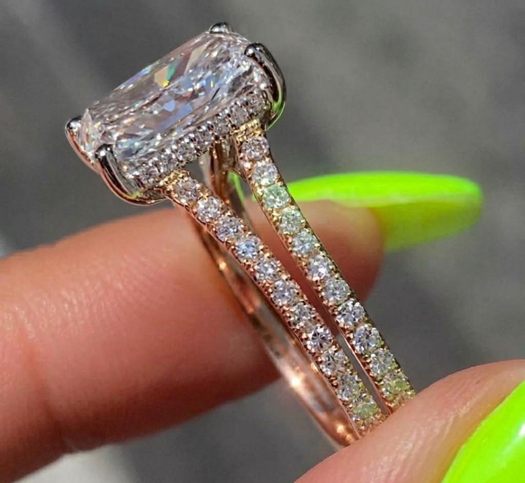Radiant Cut Moissanite Engagement Ring, Double Band Split Shank Wedding ...