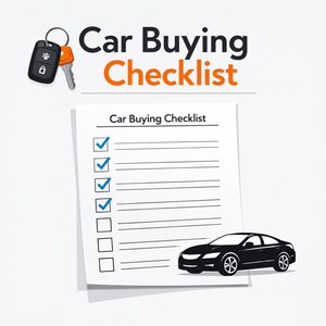 Pode incluir: Uma lista de verificação para compra de carro com uma ilustração de carro preto, uma chave de carro e o texto "Car Buying Checklist". A lista de verificação tem marcas de seleção azuis. O texto é preto e laranja.