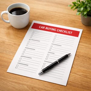 May include: A white mug filled with black coffee sits next to a printed car buying checklist with a black pen. The checklist has a red header that reads "CAR BUYING CHECKLIST". A small potted plant is also visible.