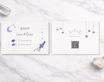 Himmlische Antwortkarte mit QR-Code - Minimalistische kosmische Hochzeitsvorlage