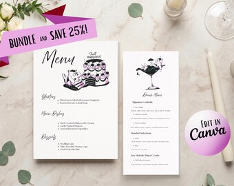 Handgezeichnetes Hochzeitsmenü-Bundle, Essen-Trinken-Vorlagen (Digitaler Download)