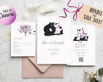 Einzigartiges, Handgezeichnetes Hochzeitseinladungs-Set, 3-teiliges Canva Bundle mit Antwortantwort und Details (Digitaler Download)