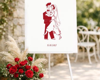 Ruby Muse: Retro Hochzeit Willkommensschild, Hand gezeichnete minimalistische Illustration, großes Format Poster in Rot