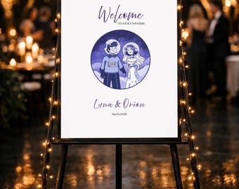 Himmlische Hochzeit Willkommensschild | Astronaut Paar Vorlage | Bearbeitbar in Canva | 24x36