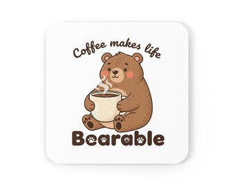 Bear Coffee Coaster | Whimsical Cuddly Bear Art, Cork Backing