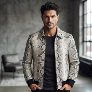 Luxury Men's Snake Print Leather Jacket Python Pattern Bomber Designer Inspired Zip-Up Jacket
