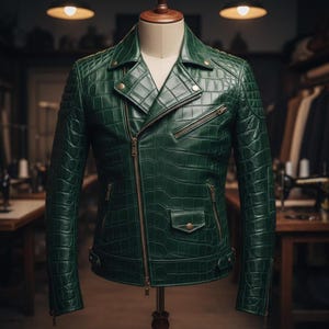 Op de afbeelding: Een donkergroene leren jas met een krokodillenleertextuur. De jas heeft een klassieke asymmetrische ritssluiting, meerdere zakken met ritssluiting en een revers. De jas wordt op een mannequin getoond.