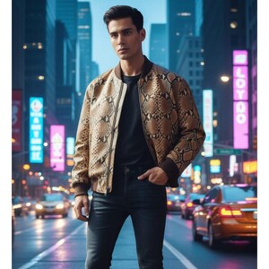 Peut inclure: Un blouson aviateur à motif peau de serpent beige et marron avec une fermeture éclair frontale, des poignets et un col côtelés marron foncé, porté sur un t-shirt noir uni et un jean bleu foncé dans une rue urbaine aux néons flous.