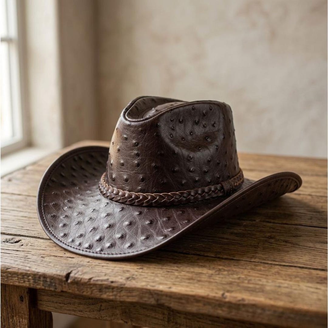 Rustic Fitted Hat Unique Leather Hat Ostrich Embossed Western Cowboy Style Rustic Hat ...
