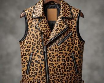 Puede incluir: Un chaleco sin mangas de cuero con estampado de leopardo con cuello con muescas, múltiples bolsillos con cremallera y cierre de cremallera frontal. El chaleco está colgado de una percha de madera sobre un fondo gris.