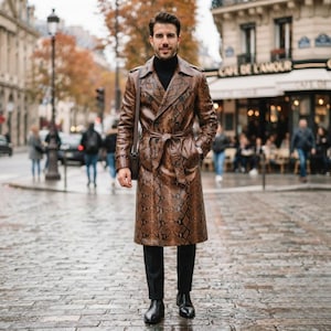 Men's Brown Snake Print Leather Trench Coat Python Style Long Luxury Belted Coat Outerwear
