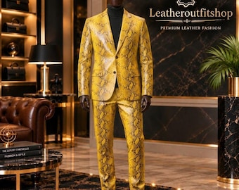 Men's Yellow Snake Print Leather Suit Snakeskin Blazer and Matching Pants Two Piece Outfit