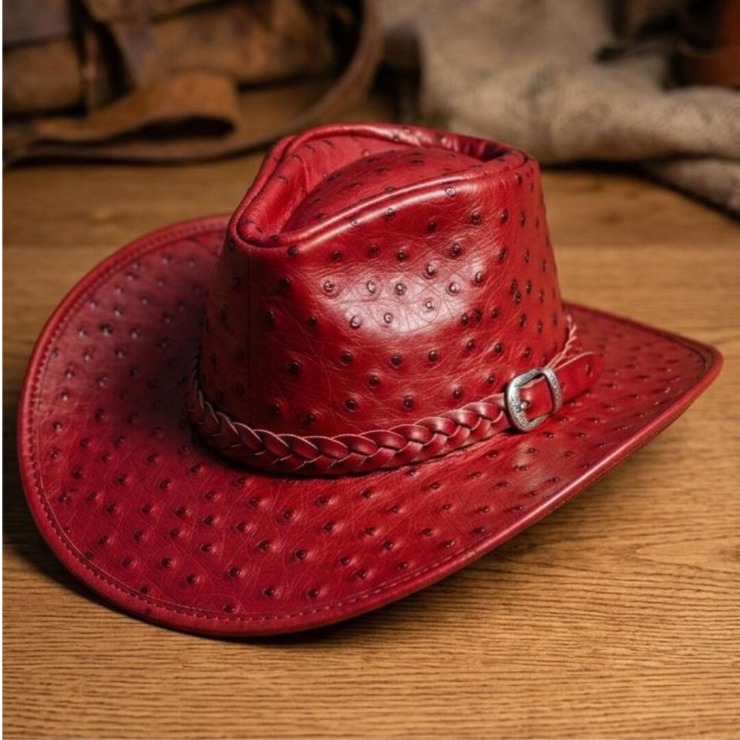 Classic Red Ostrich Embossed Leather Hat Rustic Western Cowboy Unique ...