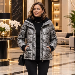 May include: A puffer jacket featuring a grey and black snakeskin print, a high collar, long sleeves with black ribbed cuffs, and a front zipper closure. The jacket is worn over a black turtleneck sweater and black trousers, paired with a black shoulder bag.