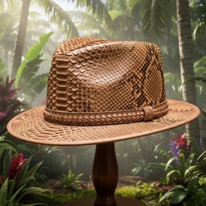 Könnte beinhalten: Brauner Fedora-Hut mit Schlangenmuster. Der Hut hat eine breite Krempe und ein geflochtenes Band um den Hutkrempenansatz. Er wird auf einem Holzständer vor tropischem Hintergrund präsentiert.