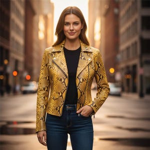 May include: A yellow and black snakeskin print biker jacket with a notched collar, silver-tone metal zips, and snap button details, worn over a plain black top and dark blue denim jeans. The jacket features long sleeves and a fitted silhouette.