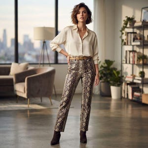 May include: A long-sleeved cream-colored button-down shirt with a collar, paired with high-waisted trousers featuring a brown and black snakeskin print. The outfit includes a thin tan belt at the waist and dark brown ankle boots with a block heel.