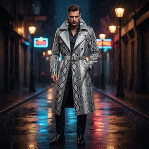 May include: A long trench coat featuring a grey and black snakeskin pattern, a wide notched collar, and a matching belt with a buckle. The coat is worn over a black button-down shirt and black trousers, creating a structured and layered appearance.