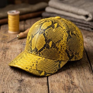 May include: A yellow baseball cap with a black snakeskin design. The cap is made of leather and has a curved peak. The background includes a spool of yellow thread and a wooden surface.