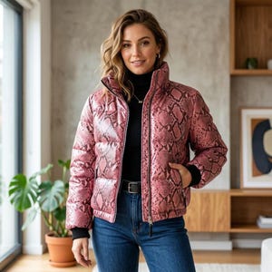 May include: A pink snakeskin-patterned puffer jacket with a high collar and zip. The jacket has black trim on the cuffs and hem. The model is wearing a black turtleneck and blue jeans.