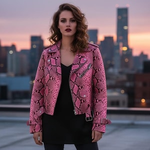 May include: A pink and black snakeskin-patterned motorcycle jacket featuring a notched lapel, silver-toned metal zips, a diagonal front closure, and adjustable buckled straps at the cuffs and waist, worn over a simple black top.