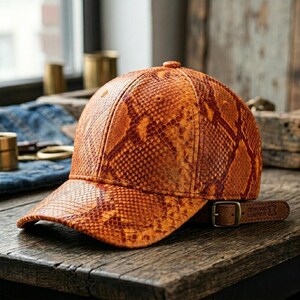 Op de afbeelding: Oranje en bruine baseballcap met een slangenprint. De cap heeft een gebogen klep en een bruine leren band met een gesp. De band is voorzien van de tekst "GENUINE LEATHER".