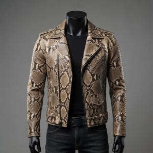 Classic Men's Snake Print Leather Jacket Python Style Biker Motorcycle Slim Fit Leather Coat