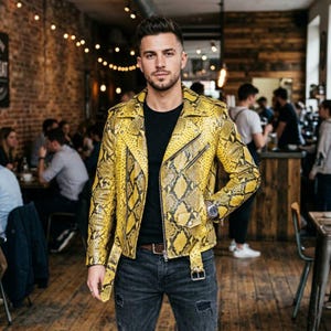 Luxury Men’s Snake Print Biker Jacket Yellow Leather Motorcycle Coat Stylish Streetwear Fashion Jacket