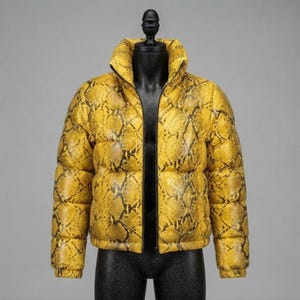 Luxe herenjas van geel leer met slangenprint, gewatteerde winterjas, streetwear