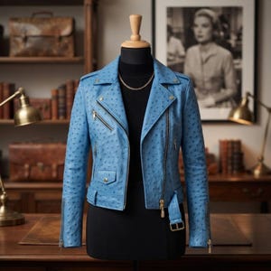 Può includere: Una giacca stile biker azzurro chiaro con motivo testurizzato effetto struzzo, dotata di cerniere color oro, revers dentellati e cintura con fibbia, indossata sopra un top nero a collo alto con una sottile catenina dorata su manichino.