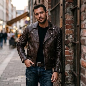 Puede incluir: Chaqueta de cuero marrón con estampado de piel de serpiente, con un estilo motero clásico con cuello de solapa, cremallera asimétrica y múltiples bolsillos. La chaqueta se lleva con una camisa negra y vaqueros azules.