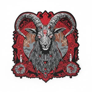 May include: A detailed patch featuring a goat's head with large, curved horns and red eyes. The design is primarily black, white, and red, with intricate patterns surrounding the goat. The patch has a decorative border and a gothic or occult theme.