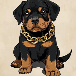Écusson brodé Chiot Rottweiler : Adorable chien avec chaîne dorée, à repasser