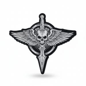 May include: Embroidered patch featuring a skull with wings, a sword, and a circular emblem. The design is primarily black and white, with detailed stitching. The patch is likely for jackets, bags, or other apparel.