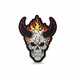 May include: Embroidered patch featuring a skull with black horns and flames. The skull is off-white with black cracks, a menacing expression, and a full set of teeth. The flames are yellow and orange.