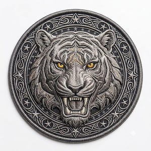 May include: A circular embroidered patch featuring a detailed tiger head with bared teeth and piercing yellow eyes. The design is rendered in shades of grey and silver thread, surrounded by a decorative border of intricate knotwork and small stars.